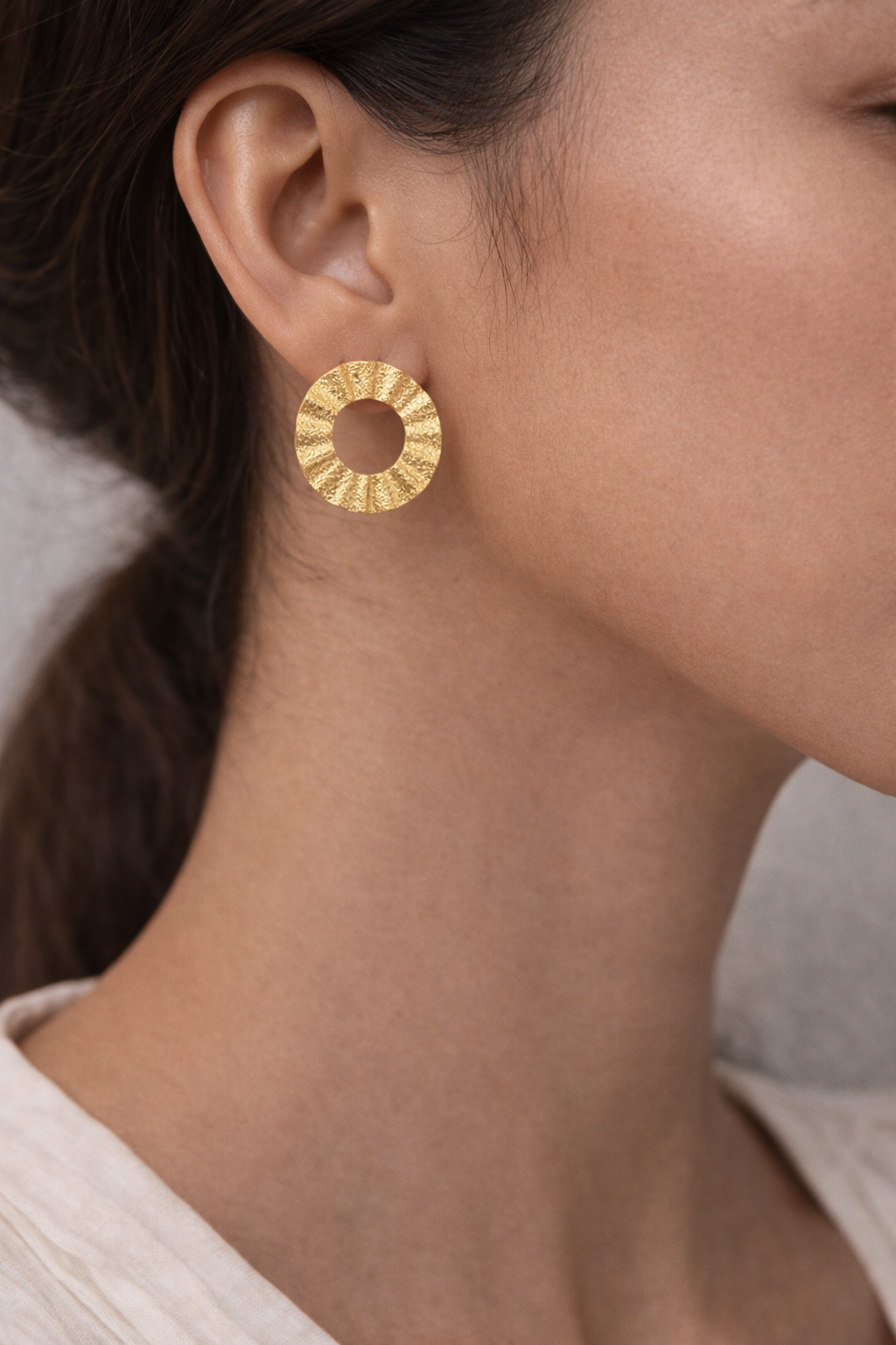 Textured Golden Hoop Disc Earrings