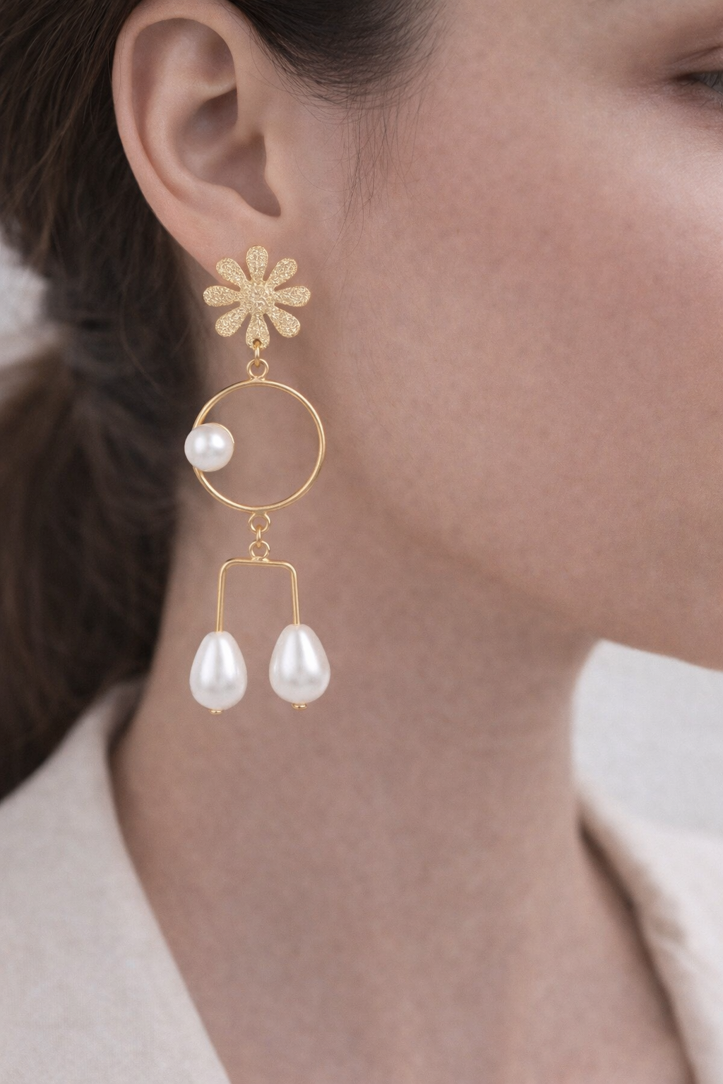 Gold Daisy Pearl Drop Earrings