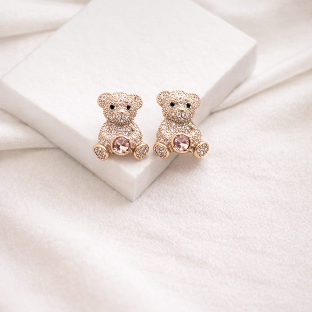 Cute Teddy Bear Earrings Crystal Stud Gold Tone