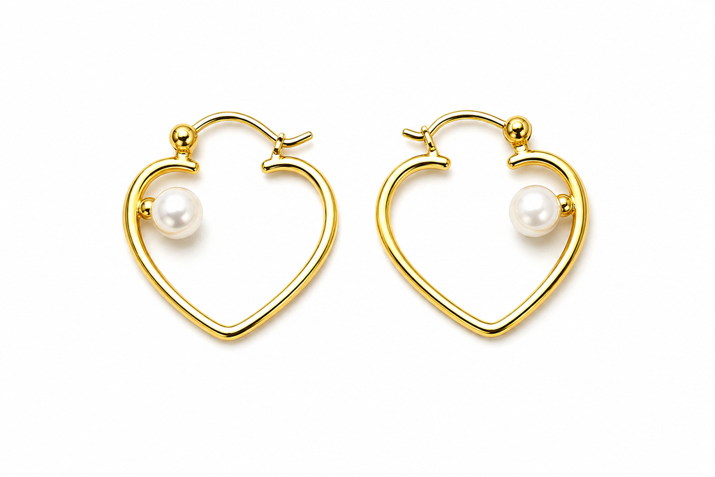Gold Heart Pearl Hoop Earrings