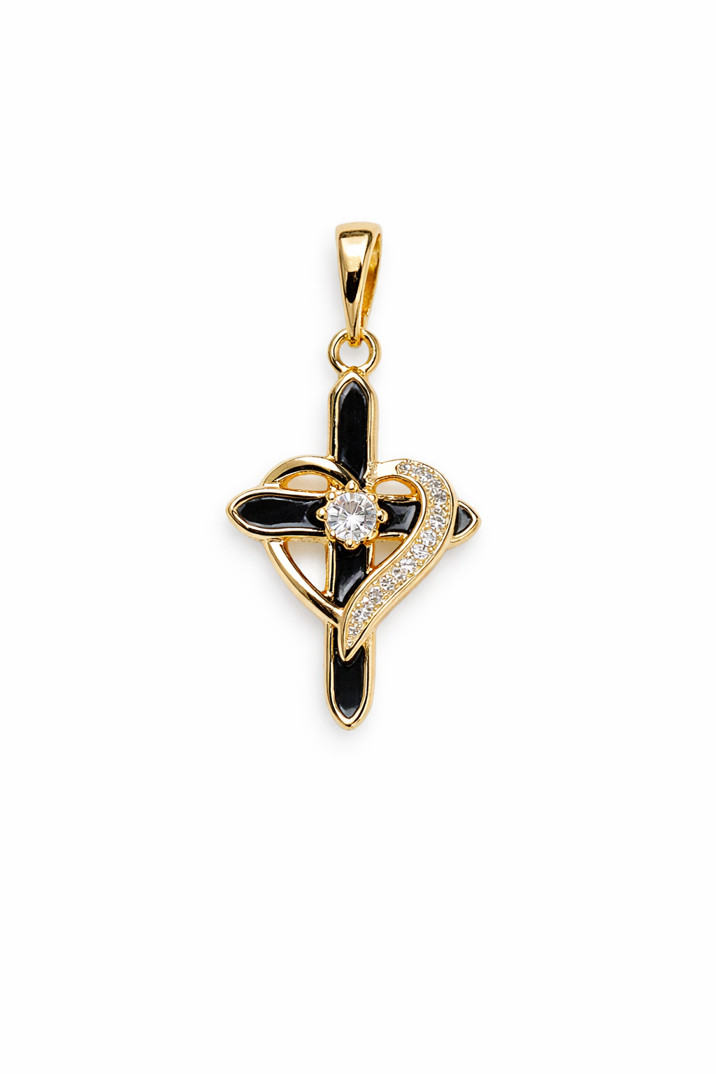 Gold Cross Heart Pendant Necklace | Black Enamel Cross