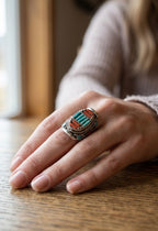 Coral & Turquoise Inlay Statement Ring | Tibetan Tribal Ring