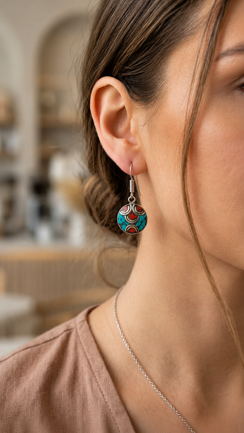 Bohemian Turquoise & Coral Mosaic Drop Earrings