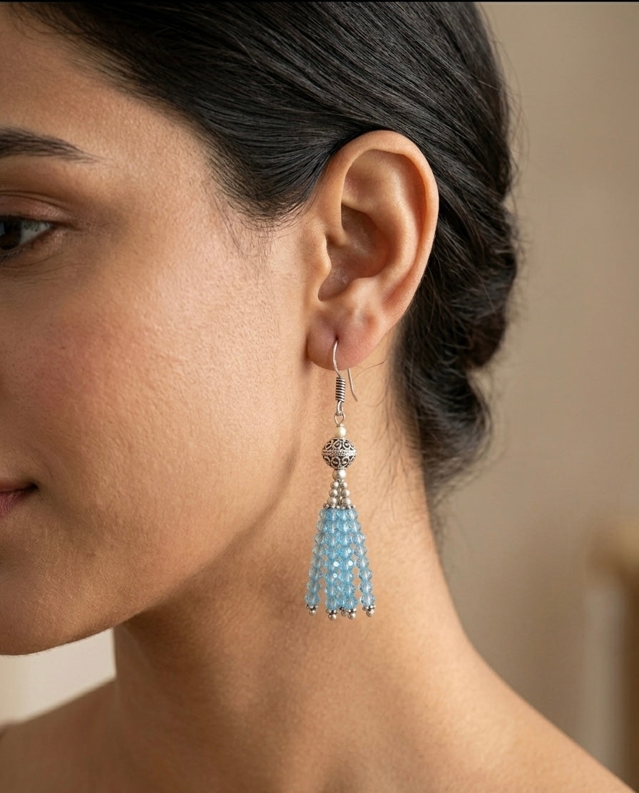 Handmade Light Blue Beaded Tassel Earrings