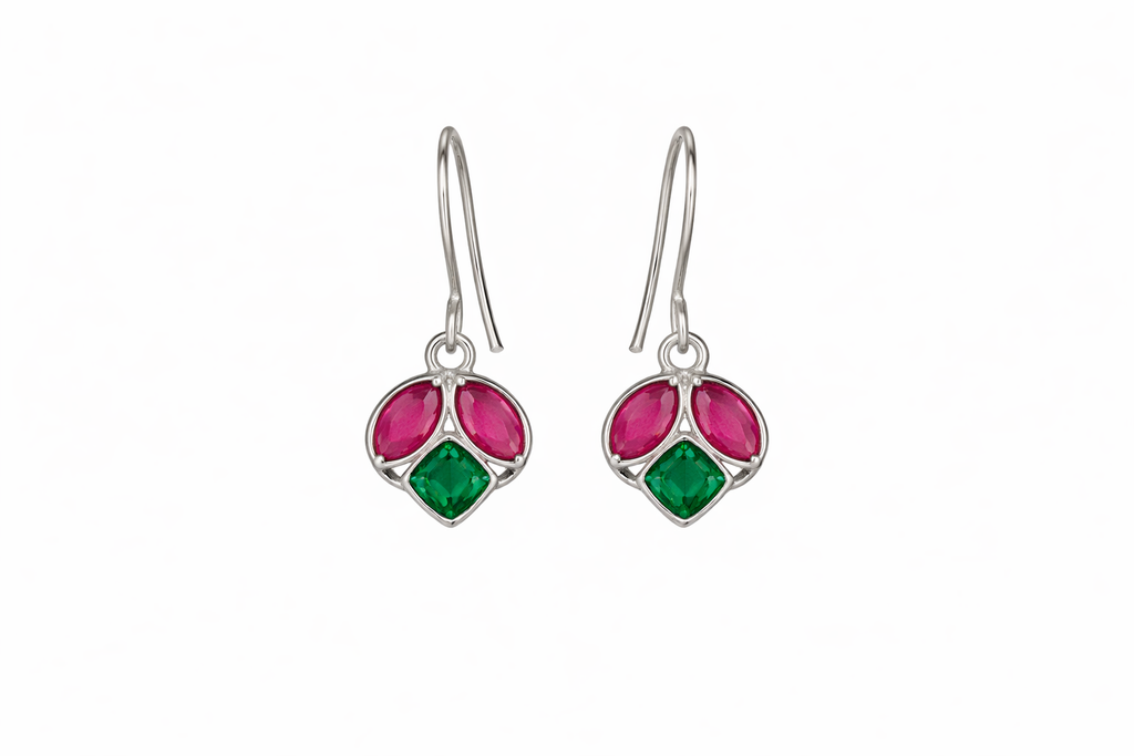 Ruby & Emerald Inspired Silver Tone Drop Earrings