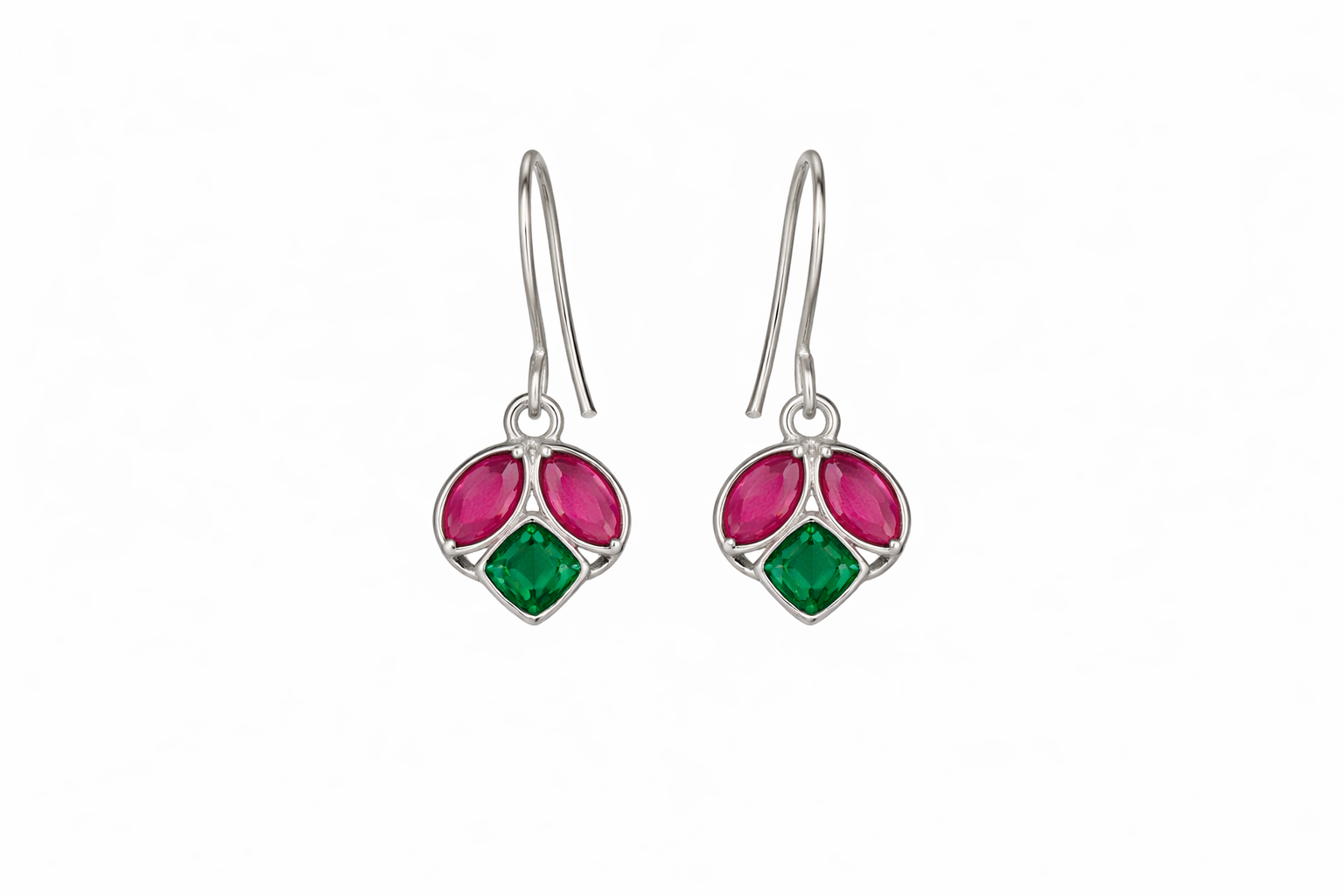 Ruby & Emerald Inspired Silver Tone Drop Earrings