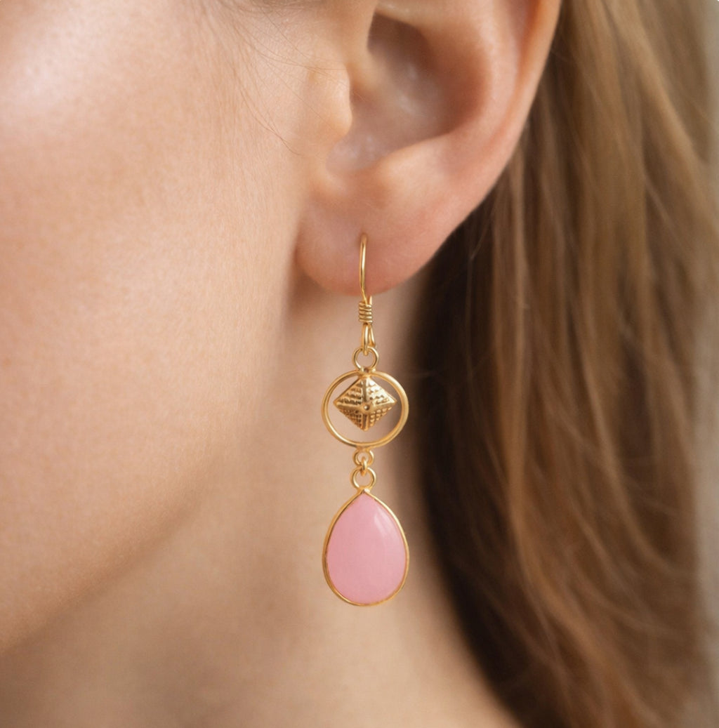 Gold Tone Rose Quartz  Drop Earrings Teardrop