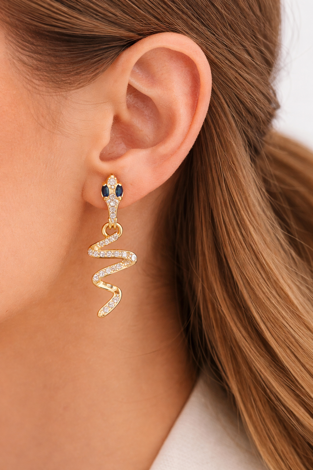 Gold Snake Drop Earrings, Crystal Serpent Earrings