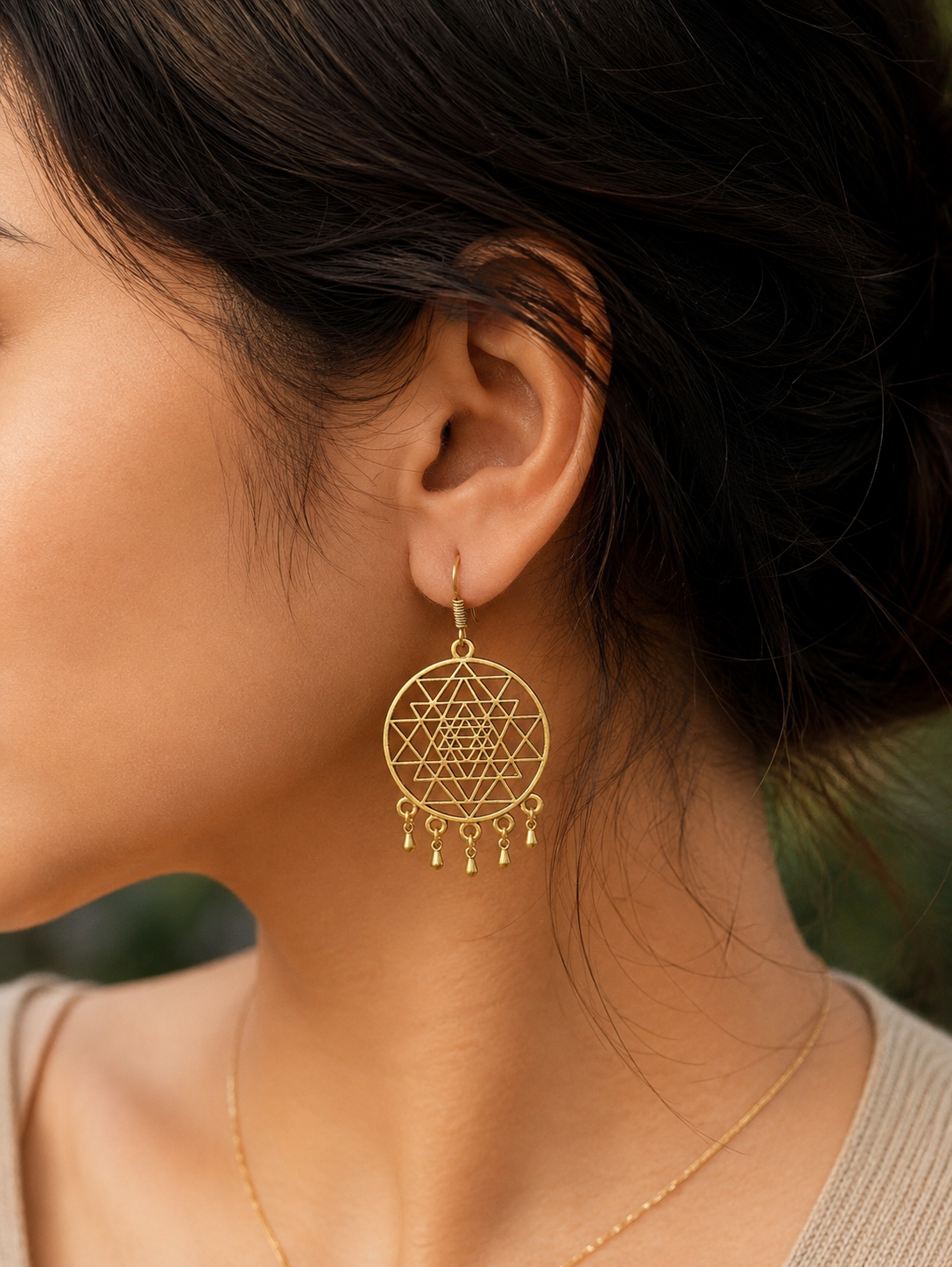 Sri Yantra Earrings | Sacred Geometry Gold Brass Dangle Earrings