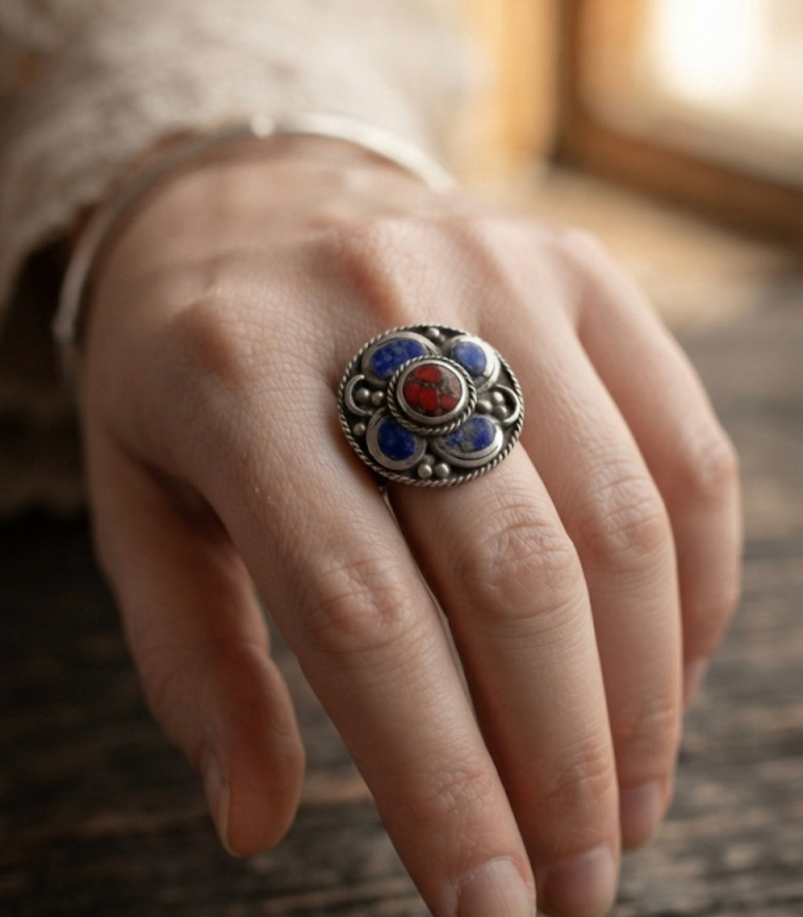 Handmade Tibetan Lapis Lazuli & Coral Ring