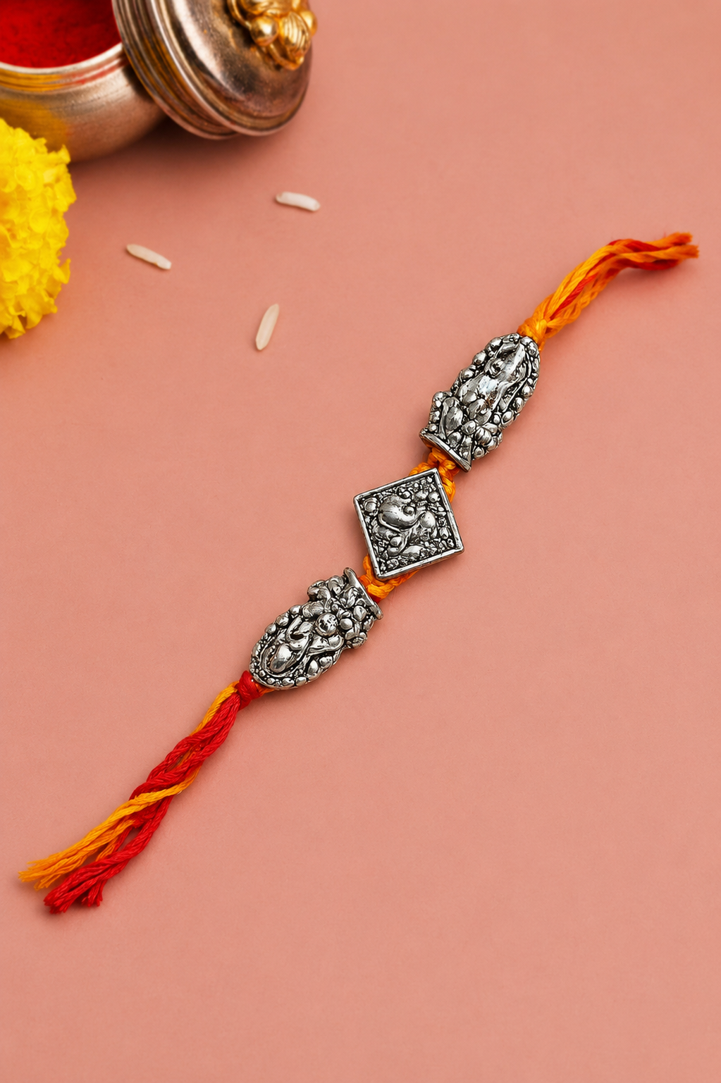 Traditional Religious Silver Plated Lakshmi Ganesh Rakhi