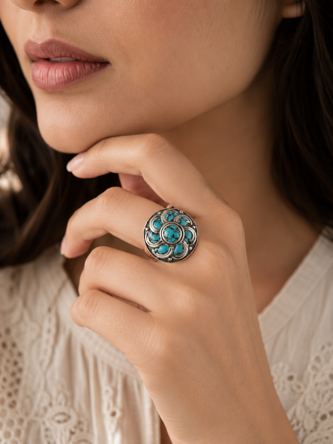 Handmade Tibetan Turquoise Flower Ring