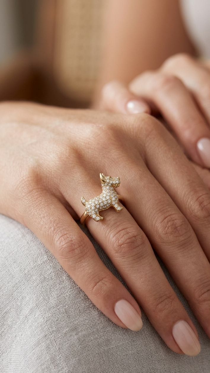 Cute Dog Crystal Ring in Gold Finish