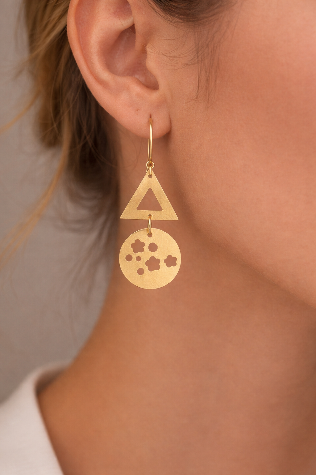 Gold Geometric Dangle Earrings Triangle & Floral Disc Drop