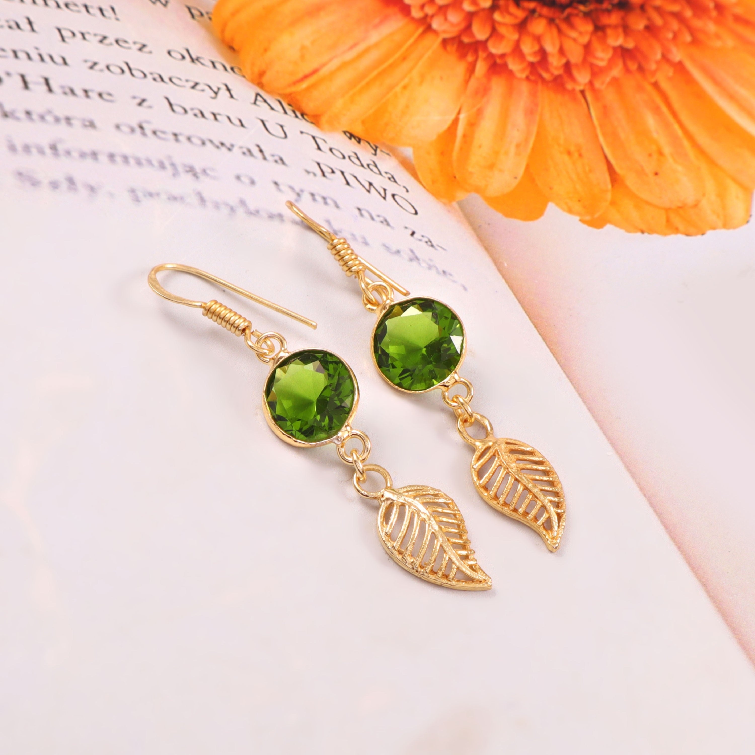 Green Crystal Leaf Dangle Earrings | Gold Leaf Drop Earrings