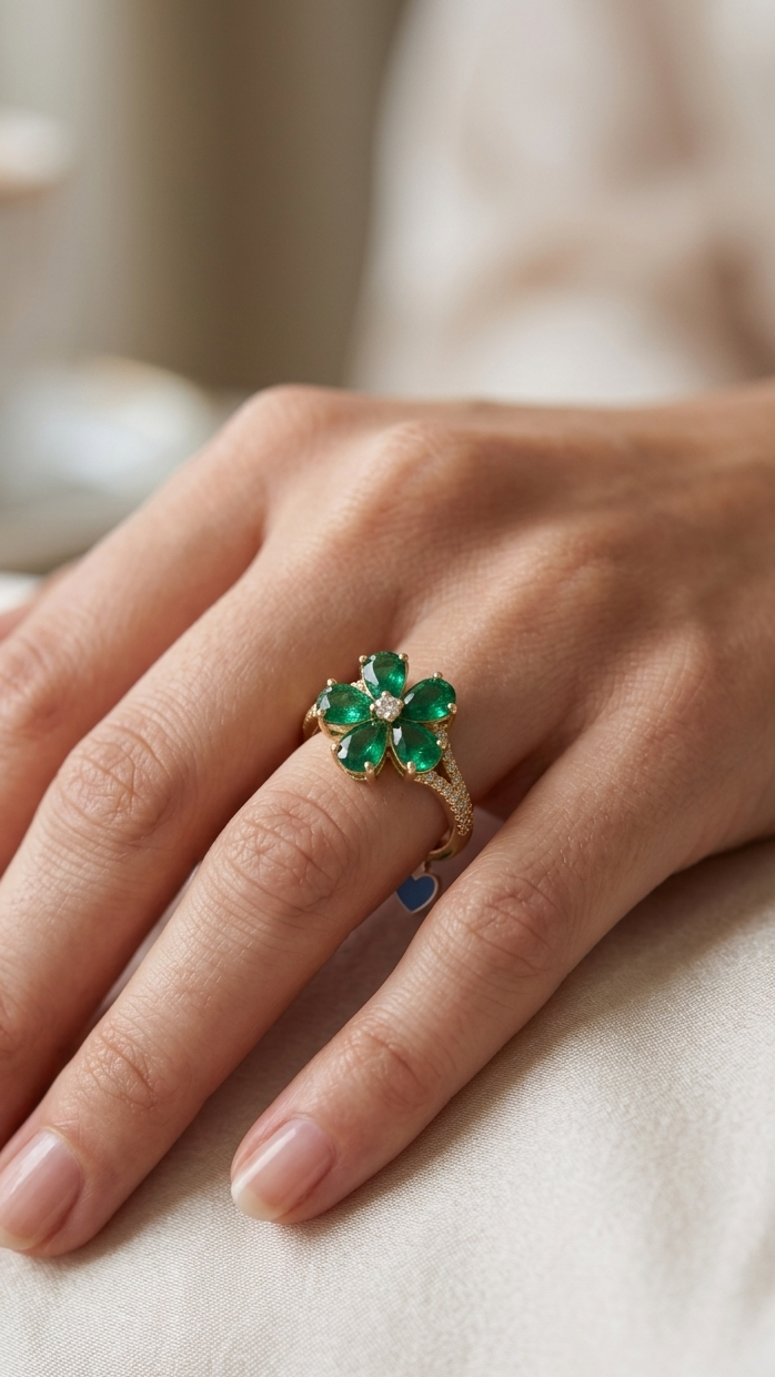 Emerald Flower Ring in Gold Finish