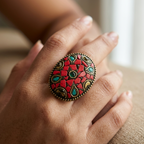 Red Coral Mosaic Statement Ring | Oval Boho Cocktail Ring