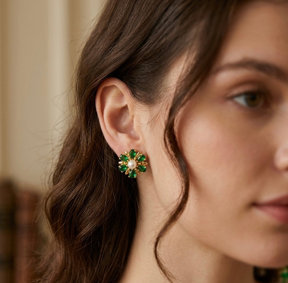 Emerald Green Floral Pearl Stud Earrings