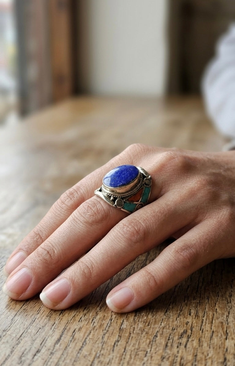 Vintage Lapis Lazuli Statement Ring, Handmade Tribal Silver Ring