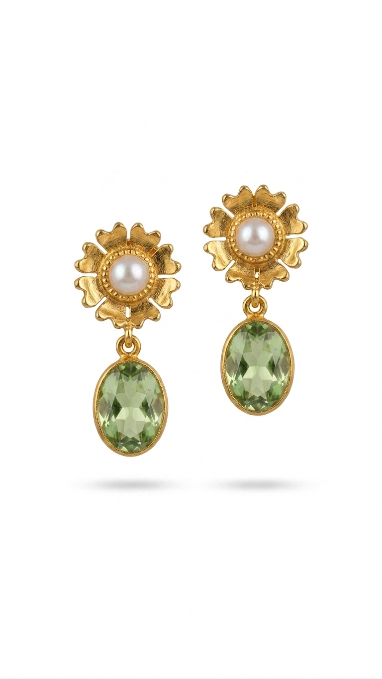 Vintage Floral Pearl & Green Gemstone Drop Earrings