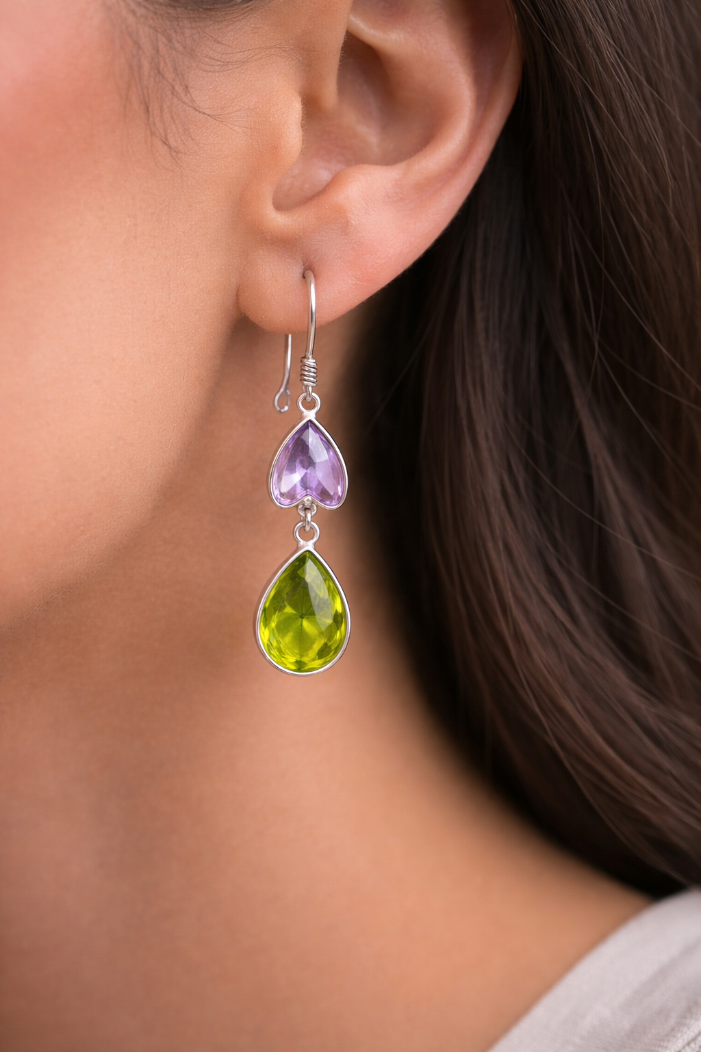 Dual-Tone Heart & Teardrop Gemstone Earrings