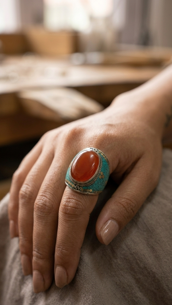 Vintage Coral & Turquoise Statement Ring | Tibetan Style Boho Cocktail Ring