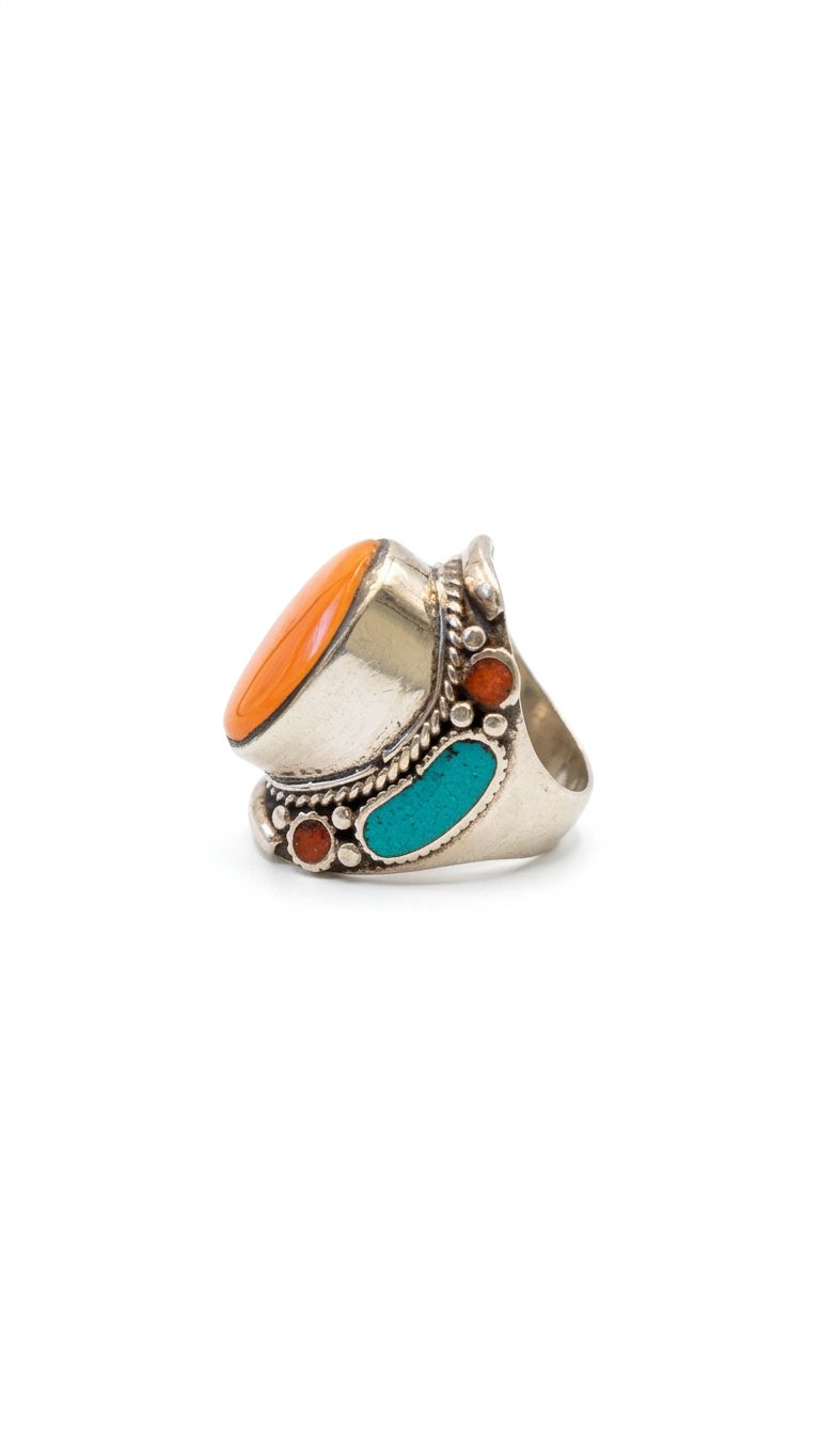 Vintage Yellow Jasper Statement Ring, Tribal Silver Ring