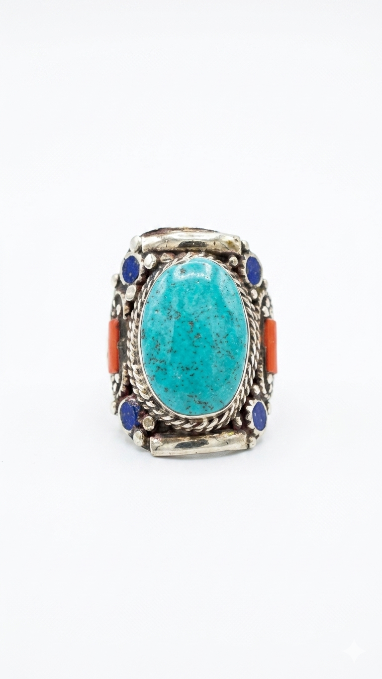 Vintage Turquoise Statement Ring, Handmade Tribal Silver Ring