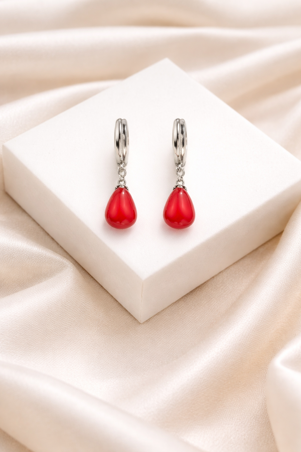 Red Teardrop Dangle Earrings Silver Hoop Drop