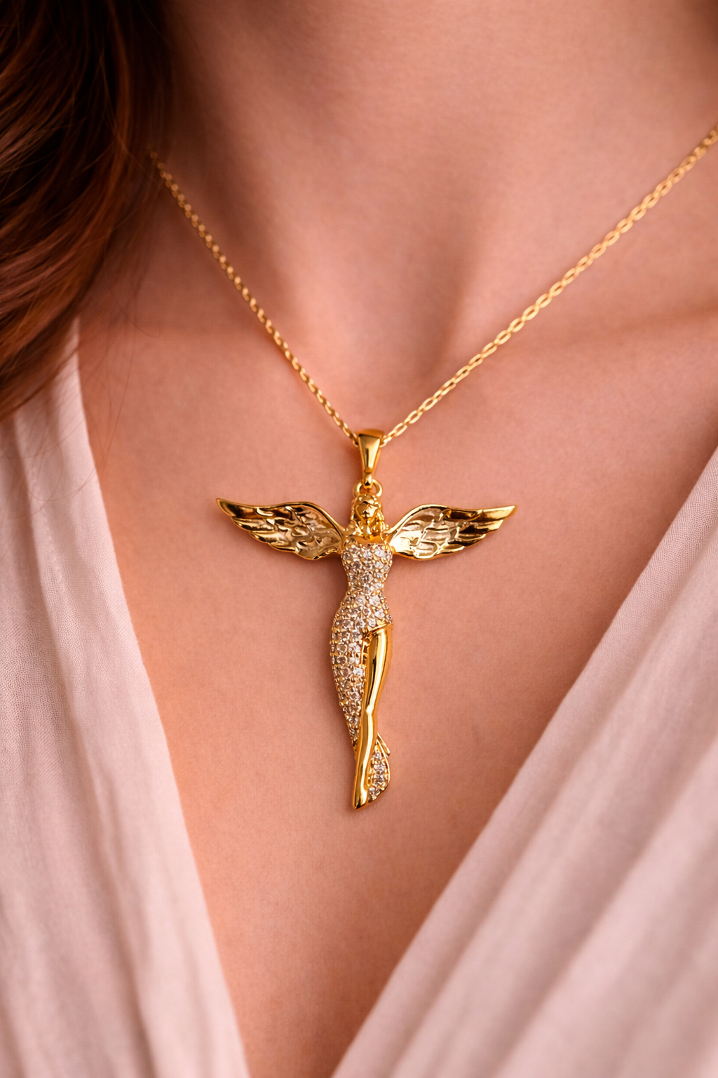Gold Angel Wing Pendant Necklace with CZ Diamonds