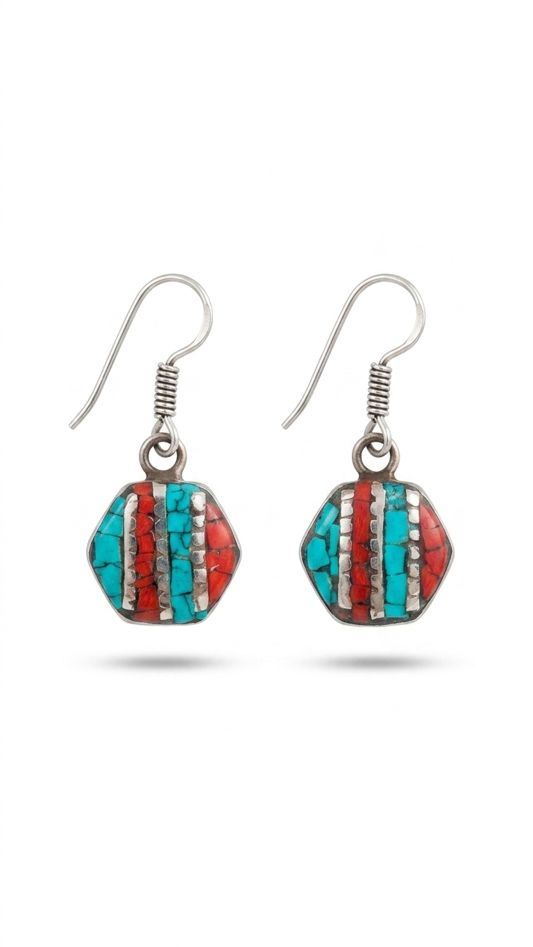 Turquoise & Coral Inlay Hexagon Drop Earrings