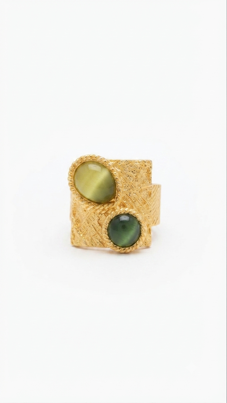 Green & Golden Cat’s Eye Statement Ring in 18K Gold Vermeil