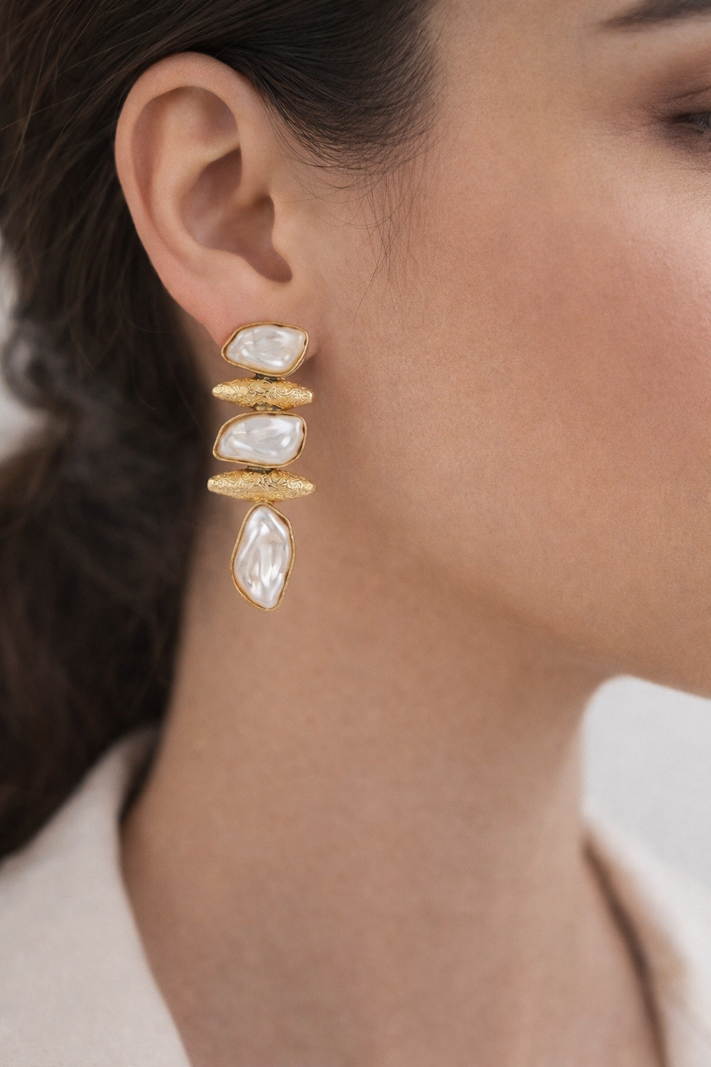 Gold Textured Pearl Drop Earrings