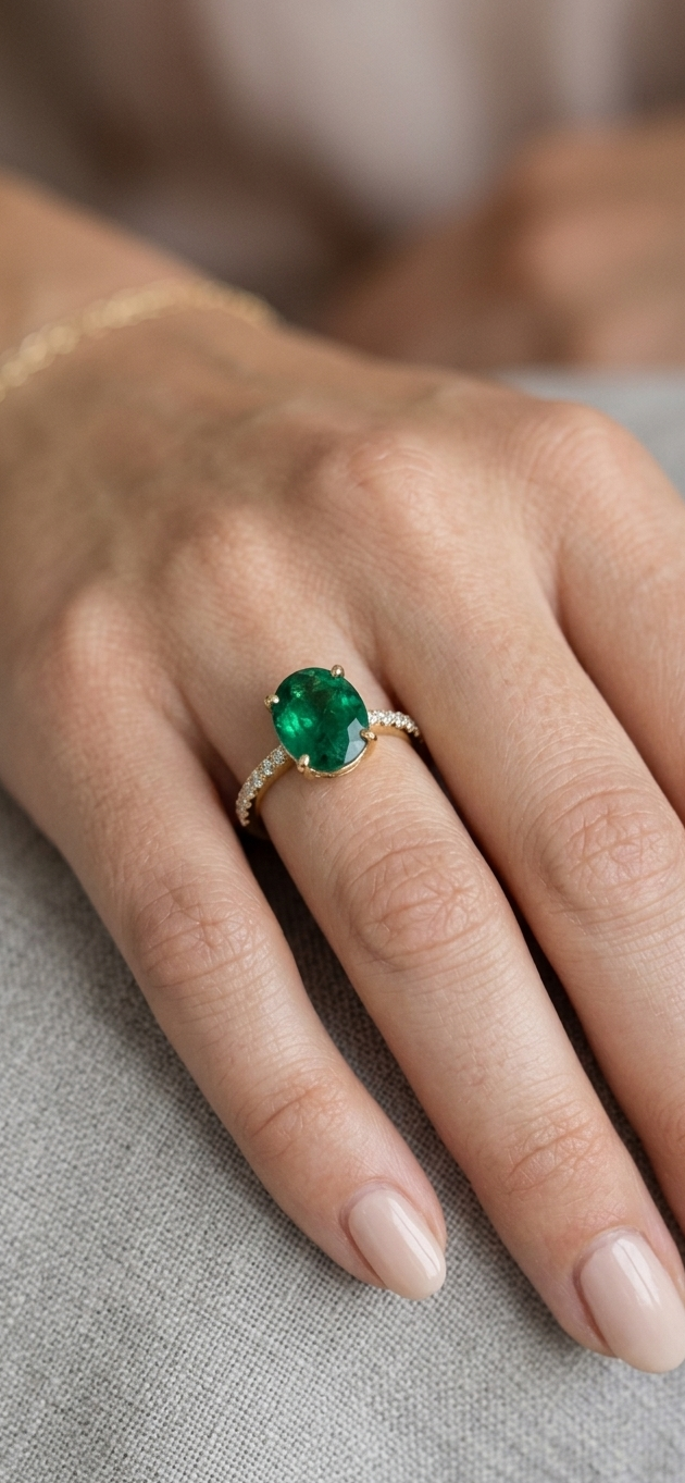 Natural Emerald Solitaire Ring in Gold Finish