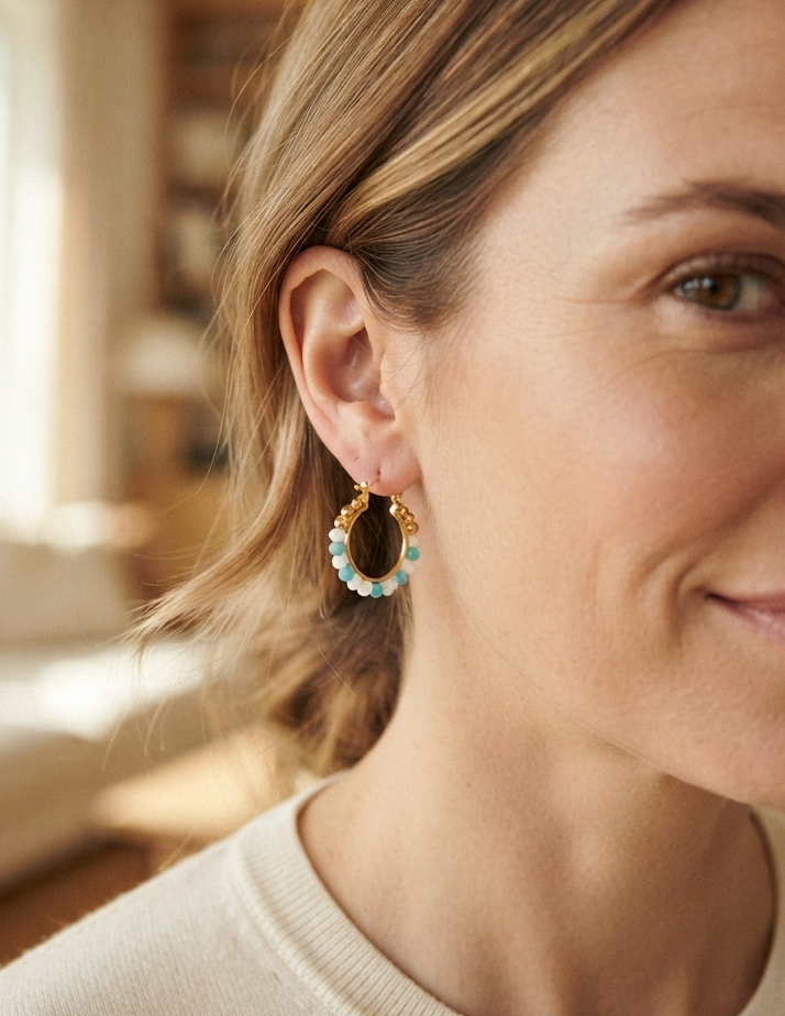 Blue Apatite & Freshwater Pearl Hoop Earrings in 18K Gold Plated