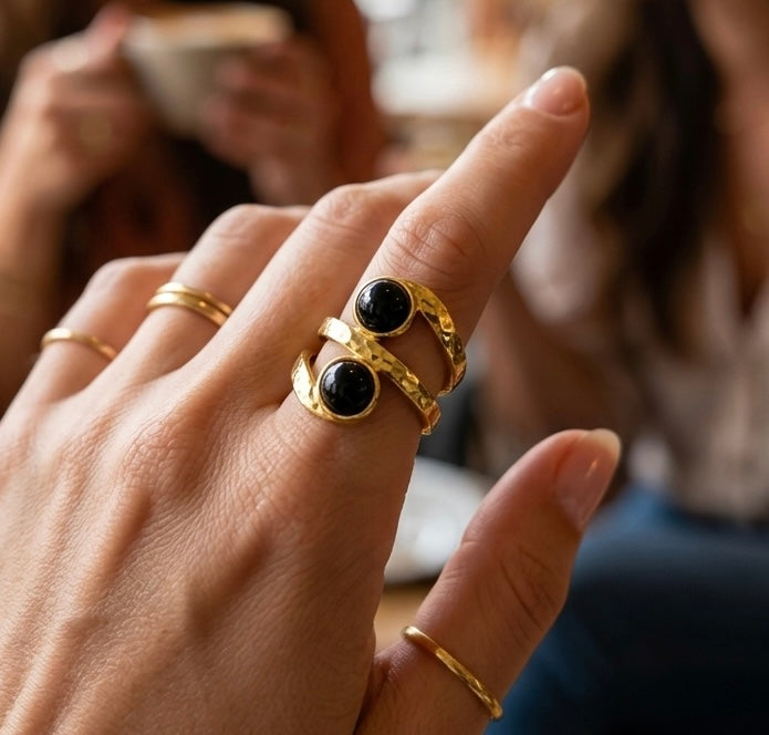 Black Onyx Wrap Ring, Adjustable Gold Statement Ring