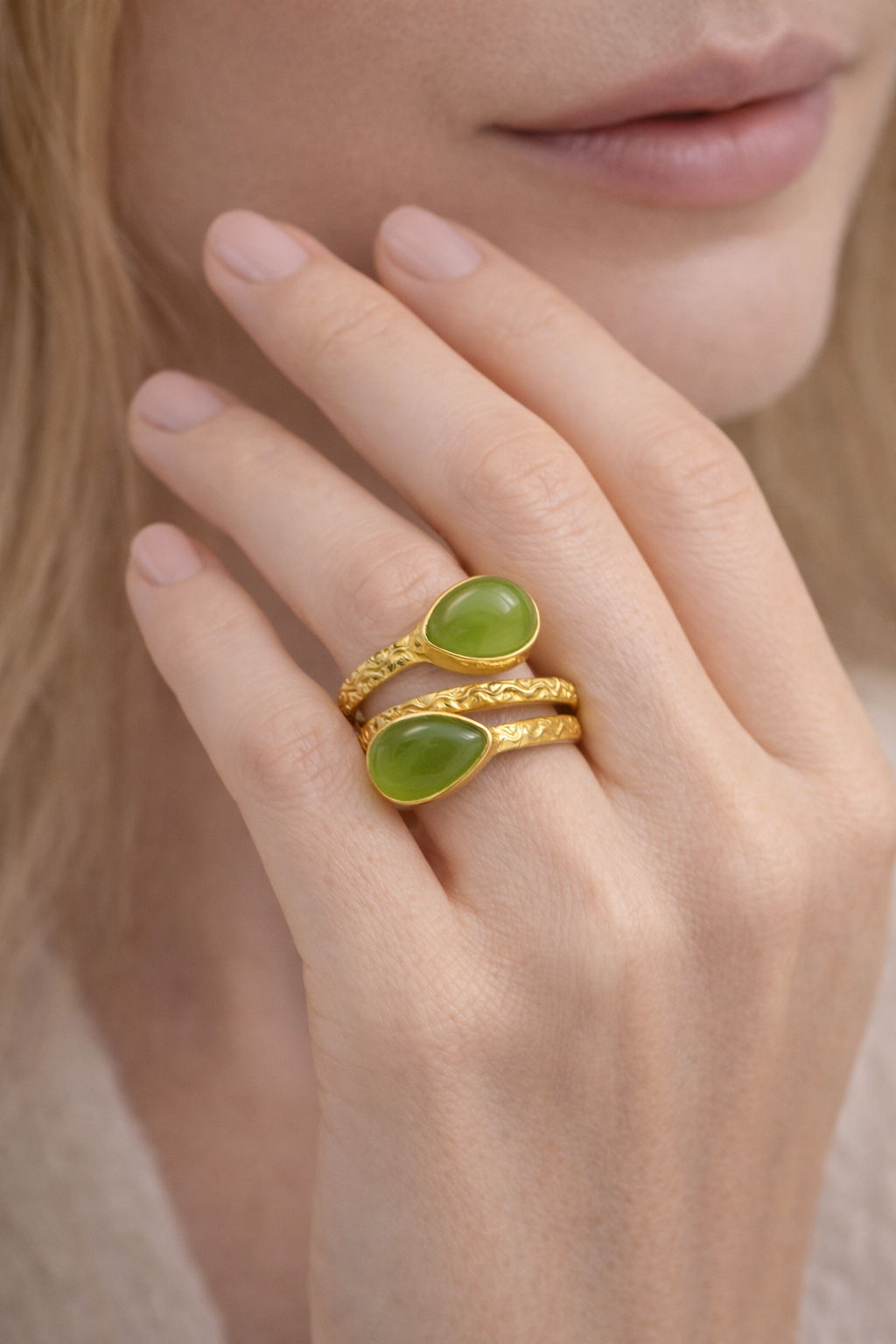 Green Dual Stone Open Adjustable Ring