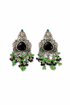 Oxidized Silver Statement Earrings with Green Beads