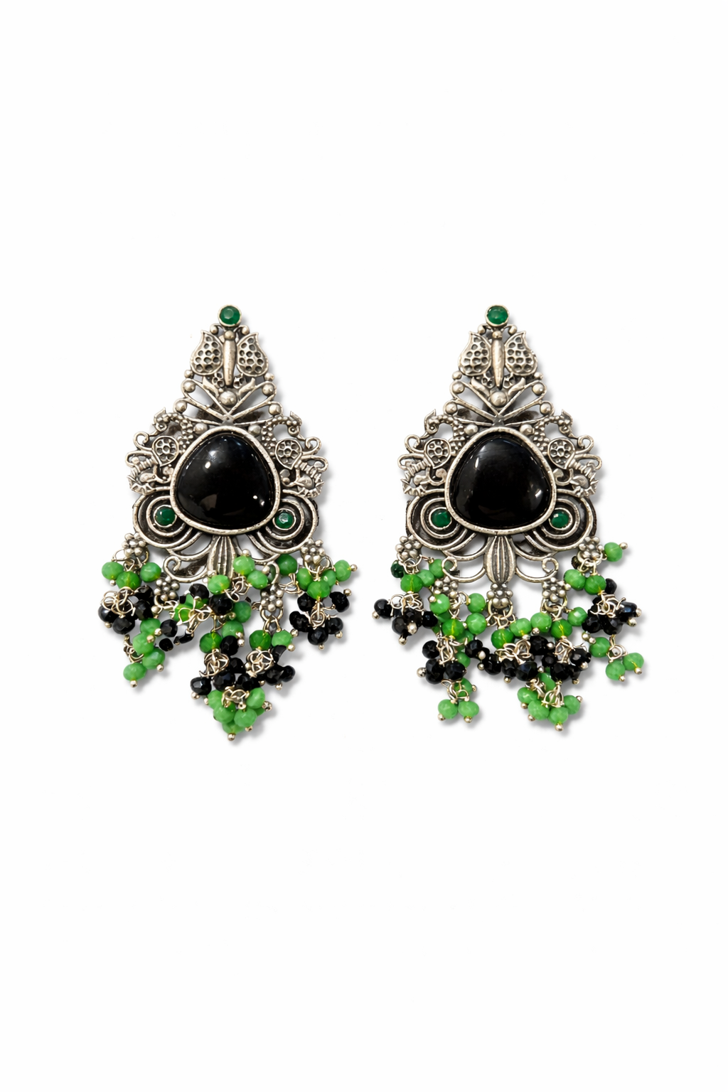 Oxidized Silver Statement Earrings with Green Beads