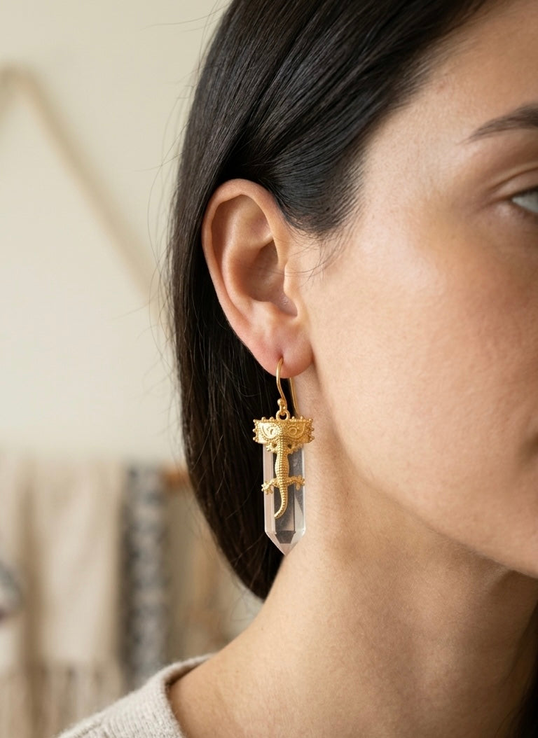 Clear Quartz Gecko Crystal Earrings