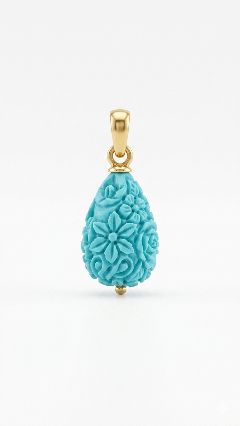 Turquoise Floral Carved Teardrop Pendant