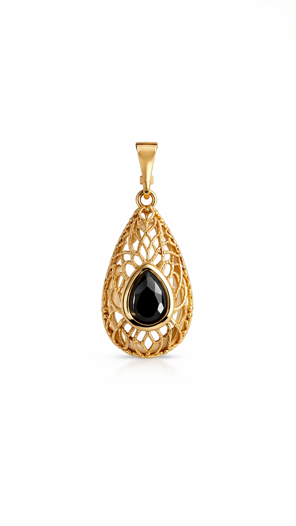Black Stone Teardrop Pendant, Gold Filigree Necklace