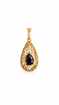 Black Stone Teardrop Pendant, Gold Filigree Necklace