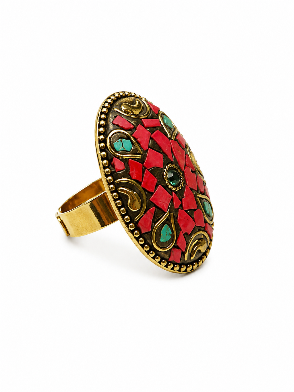 Red Coral Mosaic Statement Ring | Oval Boho Cocktail Ring
