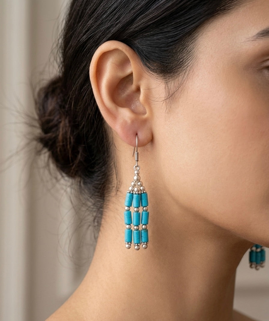 Handmade Turquoise Blue Bead Tassel Earrings