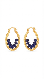 Twisted Gold Hoop Earrings with Blue Crystal Accents