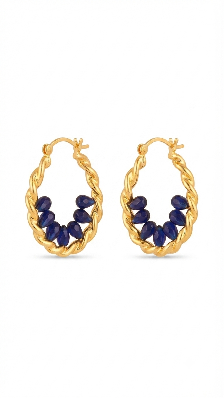 Twisted Gold Hoop Earrings with Blue Crystal Accents