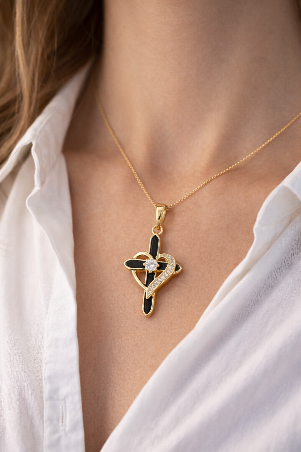 Gold Cross Heart Pendant Necklace | Black Enamel Cross