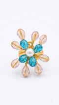 Floral Pearl & Blue Crystal Statement Ring