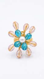 Floral Pearl & Blue Crystal Statement Ring